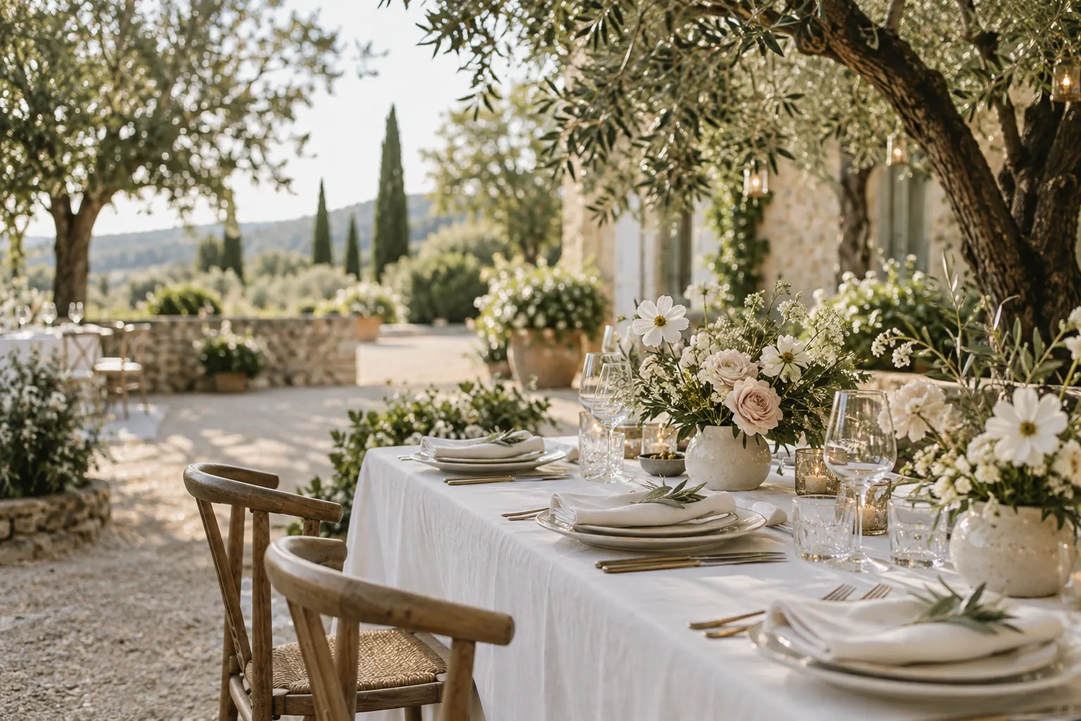 An ivory wedding table with flowers and considered place settings